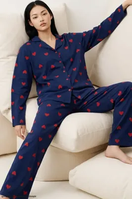 Siyah İnci Lacivert Kırmızı Desenli Örme Düğmeli Pamuklu Pijama Takım 7976