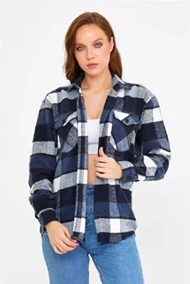 Tarz Cool Kadın Mavi Slim Fit Cepli Ekoseli Oduncu Gömlek-kkkodg001r01s