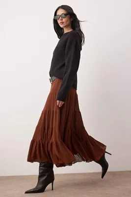 TRENDYOLMİLLA Kahverengi A-line Fırfır Detaylı Köpük Esnek Örme Etek TWOAW26ET00155