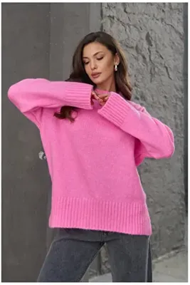 K-ODEA BUTİK Kadın ŞEKER Pembe Oversize Triko Kazak - Yumuşak Dokulu Bisiklet Yaka