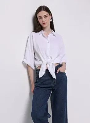 Colins Relaxed Fit Shirt Neck Düz Kadın Beyaz Roll-up Gömlek