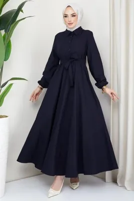hafsamina Kuşaklı Mevlana Elbise Lacivert HM2105