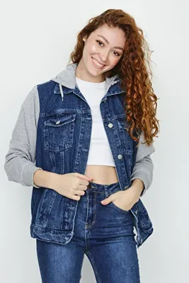 Select Moda Kadın Mavi Kapüşonlu Kolları Penye Oversize Denim Ceket