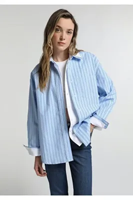 Colins Oversize Shirt Neck Çizgili Kadın Mavi Uzun Kol Gömlek