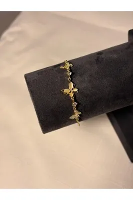 Genel Markalar Kadın Gold Zirkon Taşlı ve Sedefli Üçlü Kelebek Asansörlü Bileklik
