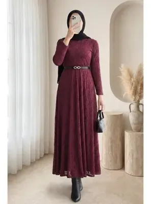Podyumplus Kemerli Astarlı Güpür Dantel Elbise -Bordo