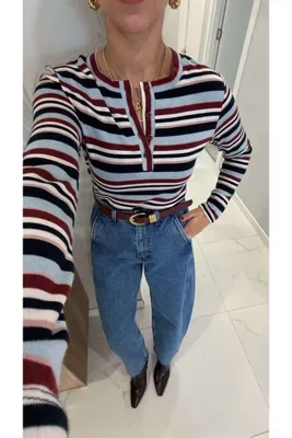 BİRCANÇİL Belliza Bordo Mavi Çizgili Bluz