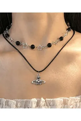 sleyshop anime nana siyah inci satürn ikili kolye