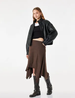 Koton Slim Fit Dikiş Detaylı Volanlı Asimetrik Kesim Midi Etek