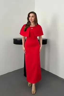 Elbee Fashion Woman Kırmızı Pelerinli Straplez Elbise