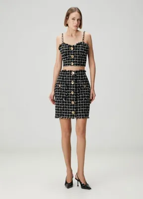 Balmain Siyah Beyaz Mini Tweed Etek