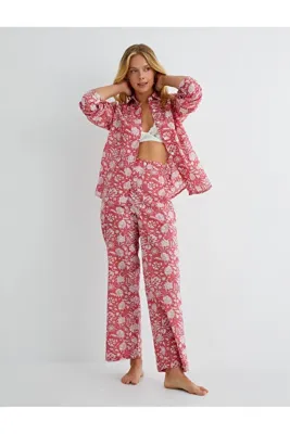 Koton Pijama Üstü Uzun Kollu Gömlek Yaka Düğmeli Pamuklu