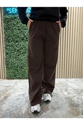 mor butik Kadın Kahverengi Jakarlı Bol Paça Rahat Kalın Pantolon
