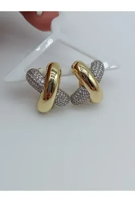 LAgül Aksesuar Özel Tasarım Model Vip Seri Kararmaz Zirkon Taşlı Modern Gold Küpe