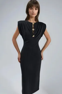 Hiccup BUSEM Slim Fit Midi Elbise, Aksesuar Detaylı