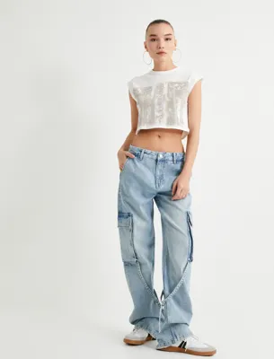 Koton Crop Kolsuz Tişört Baskılı Bisiklet Yaka Pamuklu