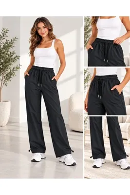 AQE FASHION Kadın Yüksek Bel Cepli Su Geçirmez Lastikli Ayarlanabilir Paça Bel Ayarlanabilir Bağcıklı Esnek Şık Günlük Antrasit Pantolon