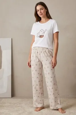 İPEKTENİM Sevimli Kedi Baskılı Ekru&Bej Mix Renkli Uzun Pijama Altlı Basic Kısa Kol Pijama Takımı