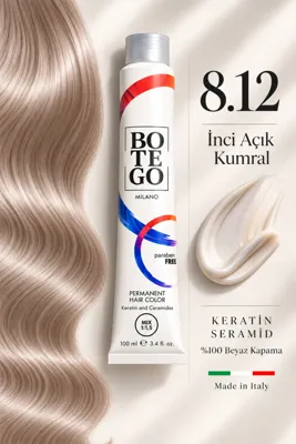 botegohair Profesyonel Kalıcı Krem Saç Boyası - 8.12 İnci Açık Kumral - 100 ml – Keratin ve Seramid İçeren