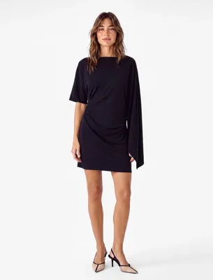 Koton Drapeli Slim Fit Yuvarlak Yaka Uzun Pelerin Kol Mini Elbise