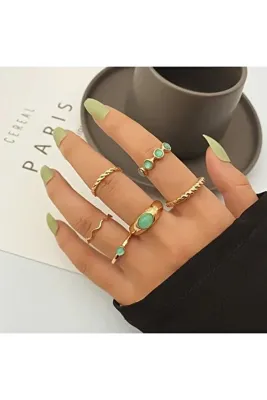perry accessories 6 Adet Gold Renk Eklem Yüzük Seti Vıp Mineli Çoklu Kombin Kadın Yüzük Seti-115