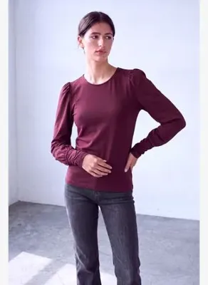 WestMark London Kadın Bordo Modal / Pamuk Karışımlı Bisiklet Yaka Uzun Balon Kollu Geniş Manşet Detaylı Bluz PAULINE