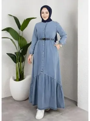 Harmatime butik Kadın Düğmeli Kuşaklı Denim Kot Mavi Elbise