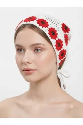 Stil Kadın El Örgüsü Çiçek Desenli Bağlamalı Bandana Saç Bandı