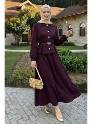 InStyle İnce Kemerli Gömlek Etek Mürdüm Duble Takım