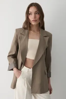 JASTE Kadın Haki Çizgili Içi Astarlı Kol Detaylı Blazer Ceket