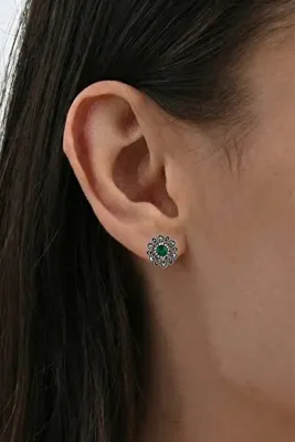 Söğütlü Silver 925 Ayar Gümüş Küpe Markazit İşlemeli Yeşil Taşlı Antik Formlu Küpe SGTL13283YESIL