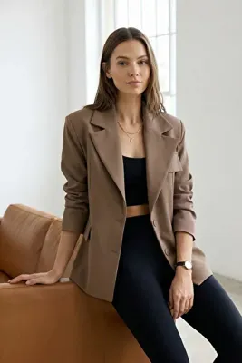 TRENDYOLMİLLA Vizon Oversize Astarlı Kruvaze Kapama Dokuma Blazer Ceket TWOSS22CE0077