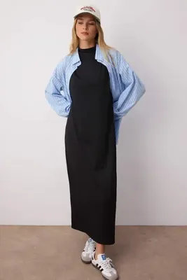 Trendyol Modest Siyah Dik Yaka Kolsuz Dalgıç/Scuba Örme Astar İçlik Elbise TCTSS24EB00230