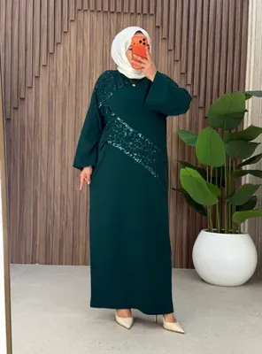 MODANURSEDA Pul Payet Nakışlı Merserize Tesettür Elbise - Nefti