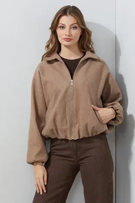 Fulla Moda Fermuarlı Cepli Polo Yaka Kaşe Bomber Mont