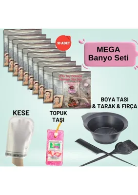 Ebitkisel 10 Paket Hamam Otu Toz Tüy Dökücü + Boya Kabı + Tarak + Fırça + Hamam Kesesi + Topuk Taşı Banyo Seti
