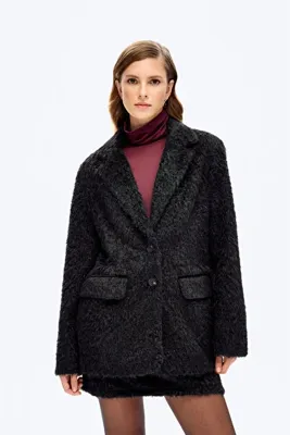 Quzu Tüylü Dokulu Oversize Blazer Ceket Siyah
