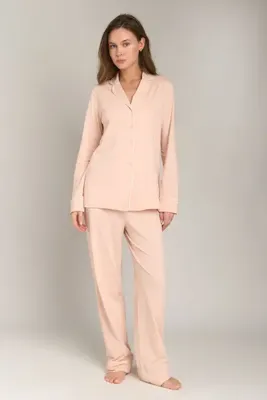 LOVELY THINGS NINA Örme Uzun Kol Gömlek Pantolon Set Pijama Takımı - Açık Pembe