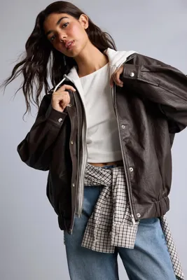 Defacto Relaxed Fit Kapüşonlu Deri Mont