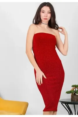 MODA Kırmızının cazibesi simli straples balo ,salon şıklığı harika premium bir elbise