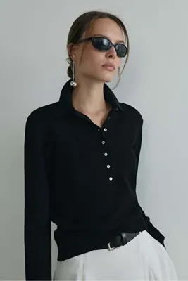 Suud Collection Siyah Carter Polo Yaka Triko Kazak