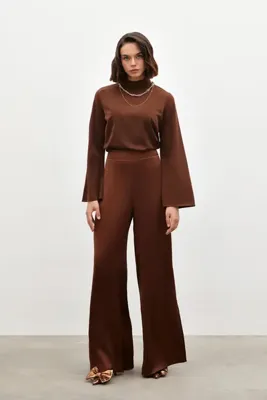 Sateen Yırtmaç Detaylı Saten Pantolon - Kahve