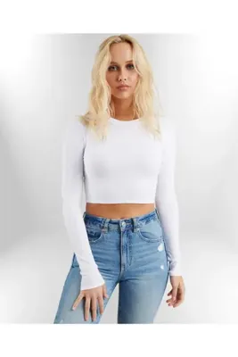PUNKY CAT Kadın Beyaz Uzun Kollu Crop Sweatshirt