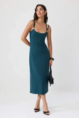 TRENDYOLMİLLA Petrol Düz Bodycon Havuz Yaka İnce Askılı Kolsuz Midi Esnek Astarlı Örme Elbise TWOSS26EL01170