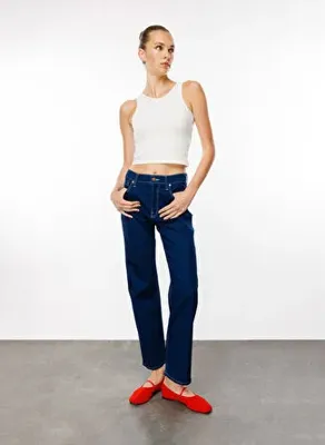 Denim Trip Yüksek Bel Düz Paça Straight Koyu İndigo Kadın Denim Pantolon DT10524