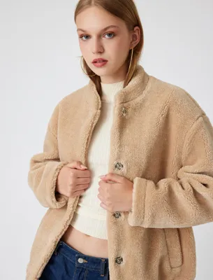 Koton Oversize Peluş Ceket Cep Detaylı Çıtçıt Düğmeli Bomber Yaka