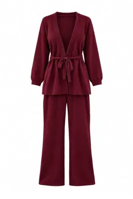 Trendyol Curve Bordo Kuşaklı Sabahlık-Pantolon Örme Büyük Beden Pijama Takımı TBBAW27AI00035