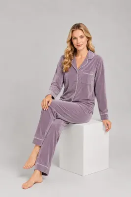 Pijamask Kadın Kadife Düğmeli Uzun Kollu Pantolonlu Pijama Takımı