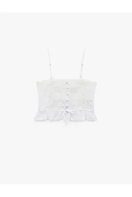 Koton Dantel Detaylı Askılı Düğmeli Fiyonklu Armürlü Crop Bluz