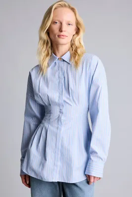 DeFacto %100 Pamuk Fitted Bel Detaylı Çizgili Poplin Gömlek